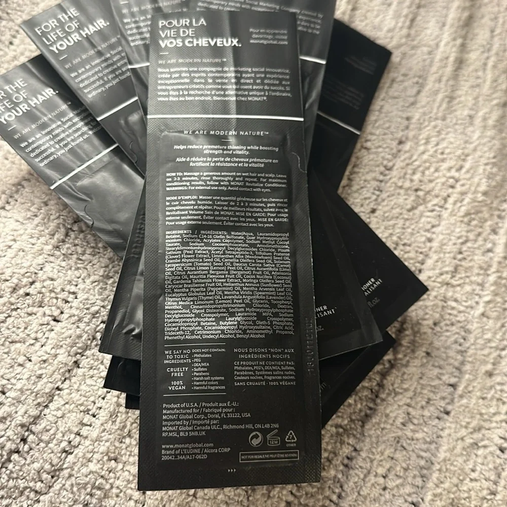 Monat Black Shampoo + Conditioner .34 ounces Sample Packs group of 10